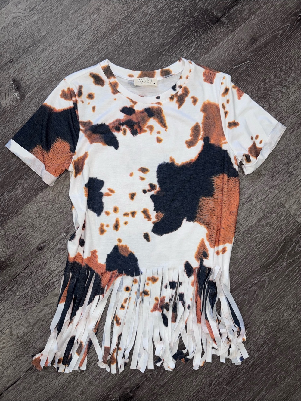 Avery Cow-Print Tie-Dye Tee in White, Black & Rust